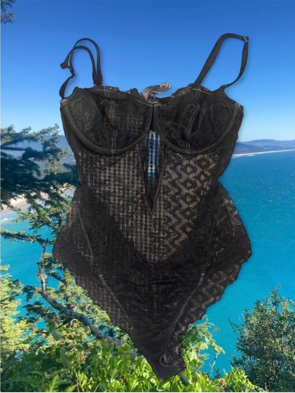 Victoria’s Secret Large Black Lace One-Piece unlined bodysuit Feminine Underwire